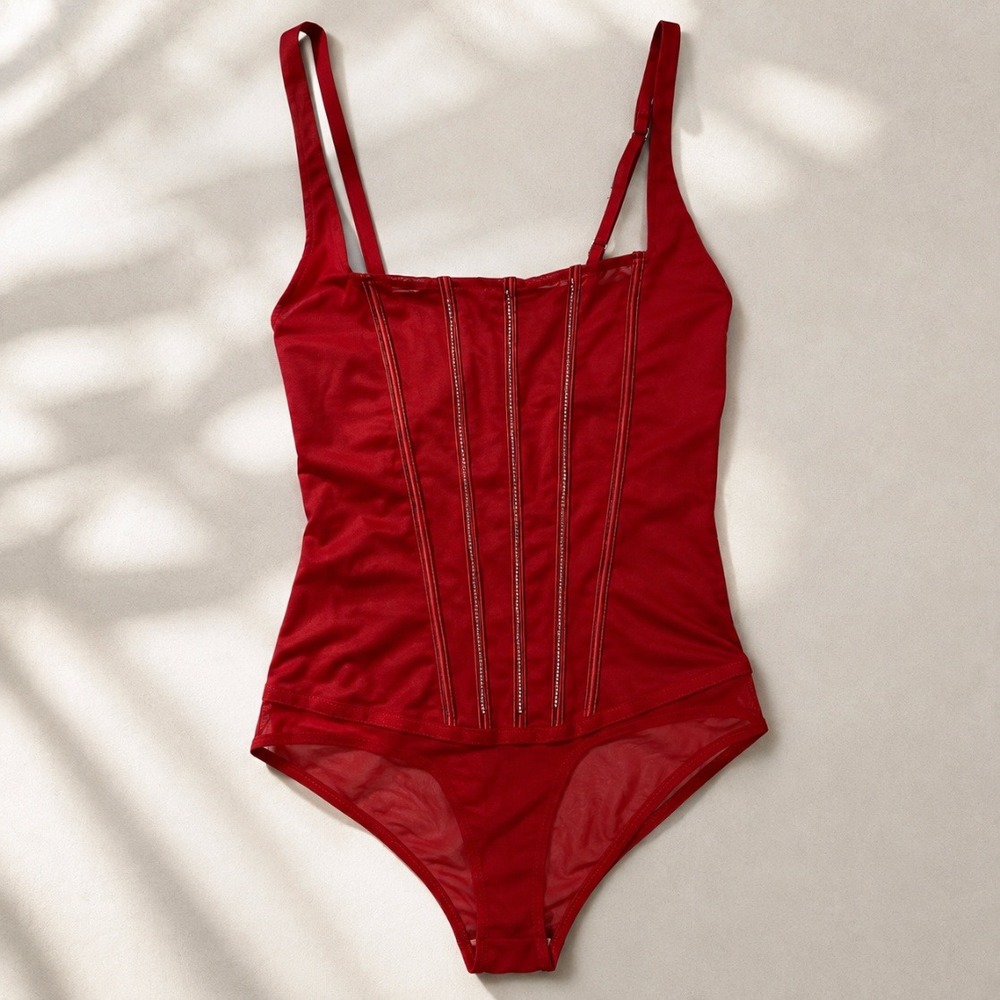 Auden Bodysuit Corset Mesh Rhinestone XS Red Lingerie Bedazzled Glam Boudoir Y2K